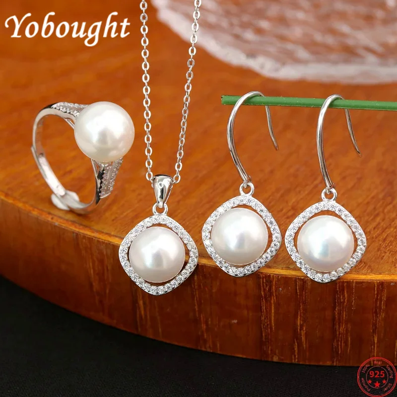 

S925 sterling silver jewelry-sets for women new fashion freshwater pearl zircon rhombus studs-earring necklace pendants ring