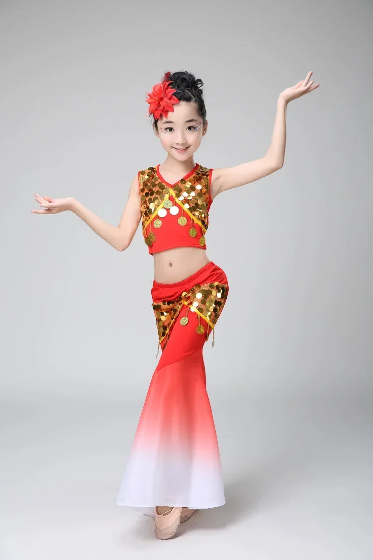 

new children girl chinese costume dance clothing set stage costumes for female Dai ethnic peacock dance dress dance clothes