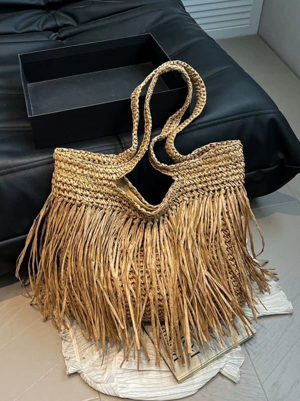 

Rattan St Bag Tassel Beach Large Capaci Basket Women's Casual Sle Handbag Soft Handle Non-Waable Foldable Pure Color