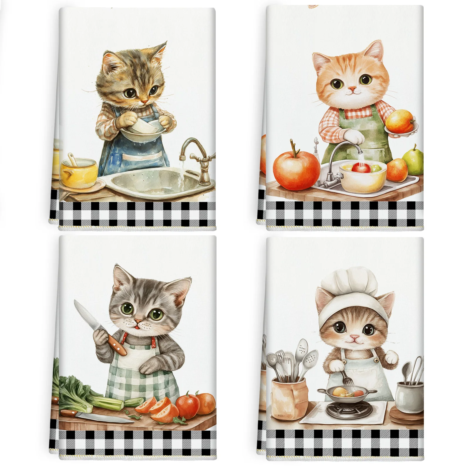 Juego de toallas de chef para gatos de 2 piezas |   Lindo plato y toalla de mano de microfibra con estampado de pelo corto británico y tabby, perfecto para amantes de los gatos,