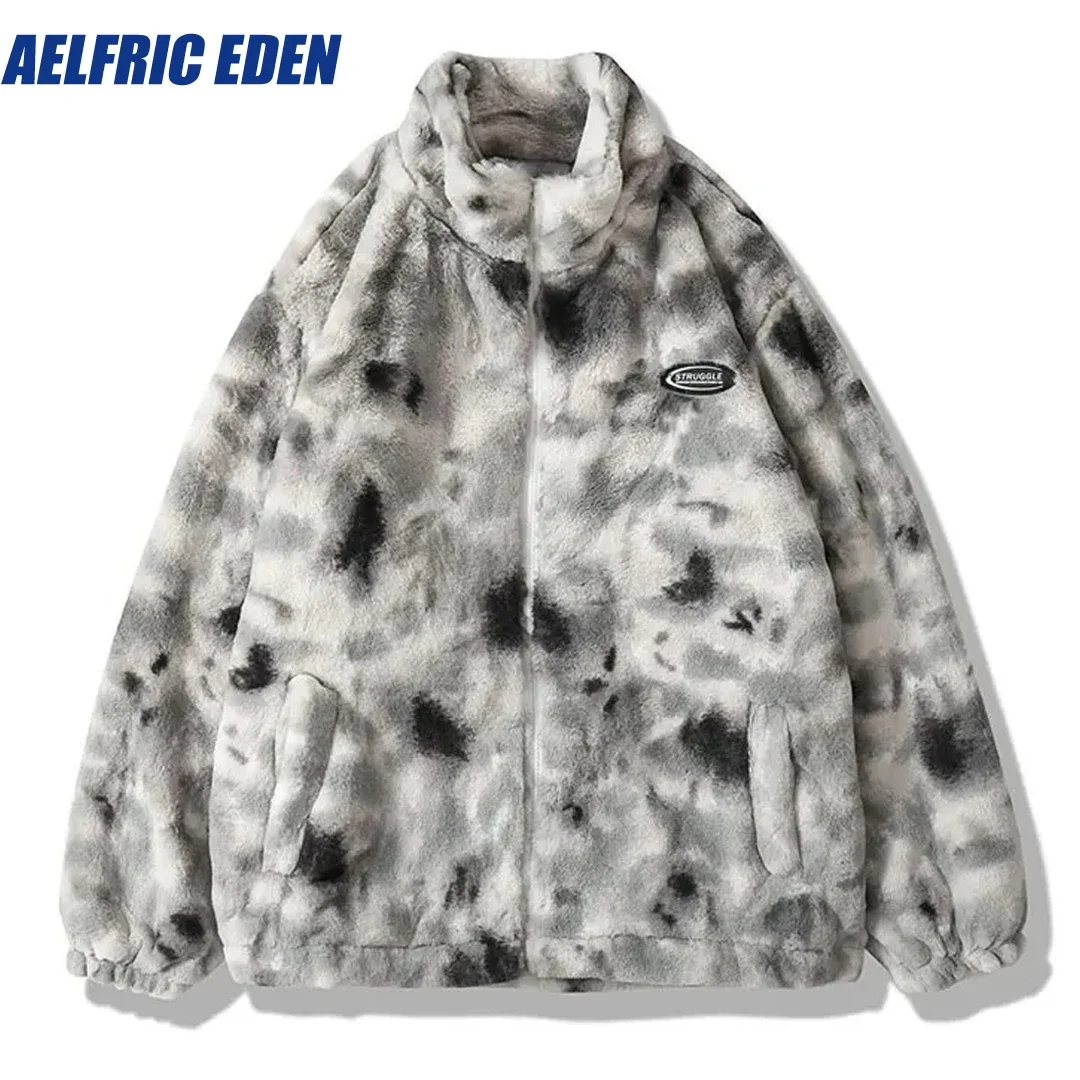 Aelfric Eden Faux Fur Fleece Jacket Streetwear Men Hip Hop Winter Harajuku Tie Dye Heart Fuzzy Jackets Warm Casual Zipper Coats