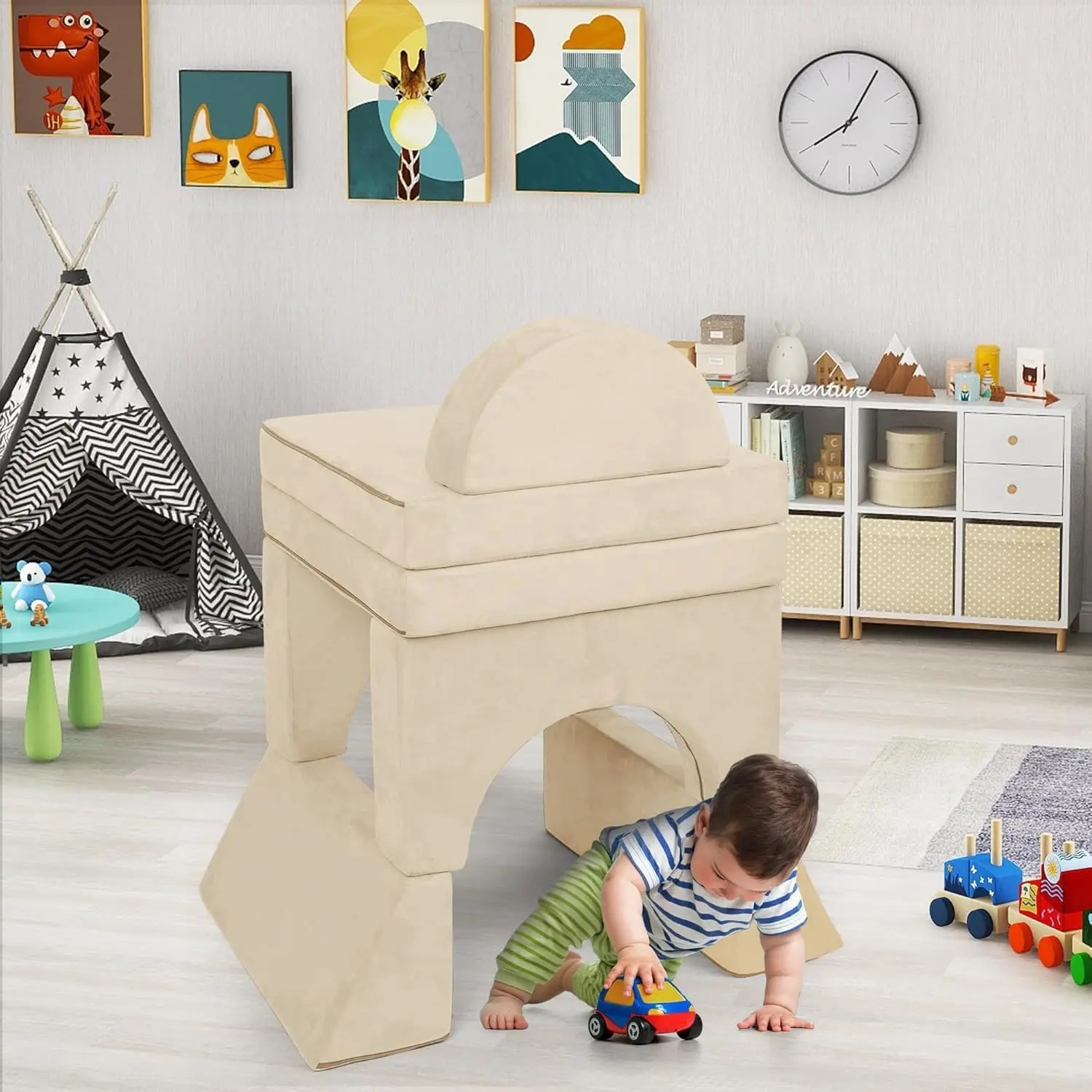 Modular Kids Play Couch, 10PCS Sectional Sofa for Creative Play, Beige