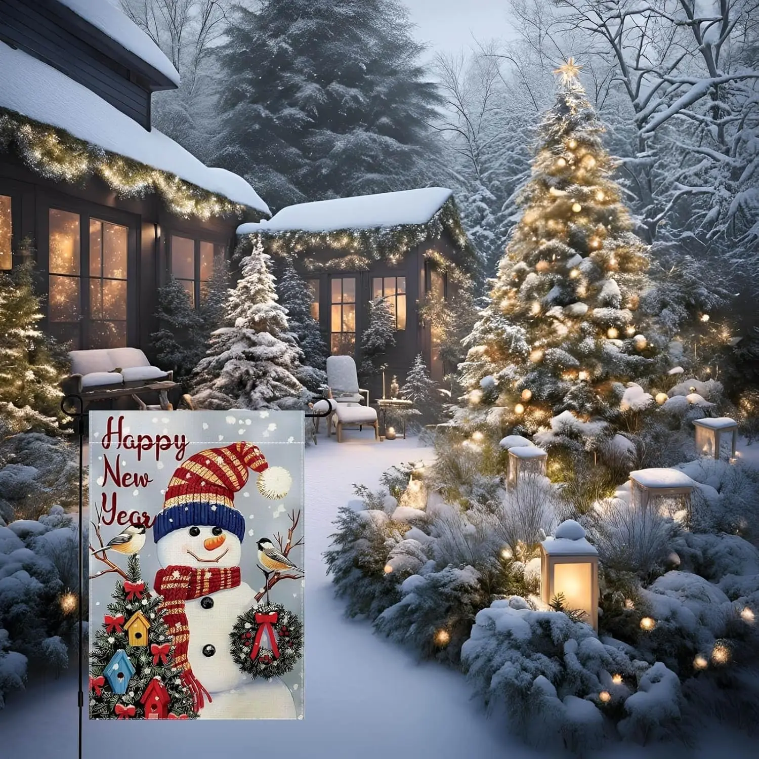 Happy New Year Winter Garden Flag with Snowman and Birds, Xmas Holiday Christmas Garden Flag for Outside, 12x18 Double Sided UUN