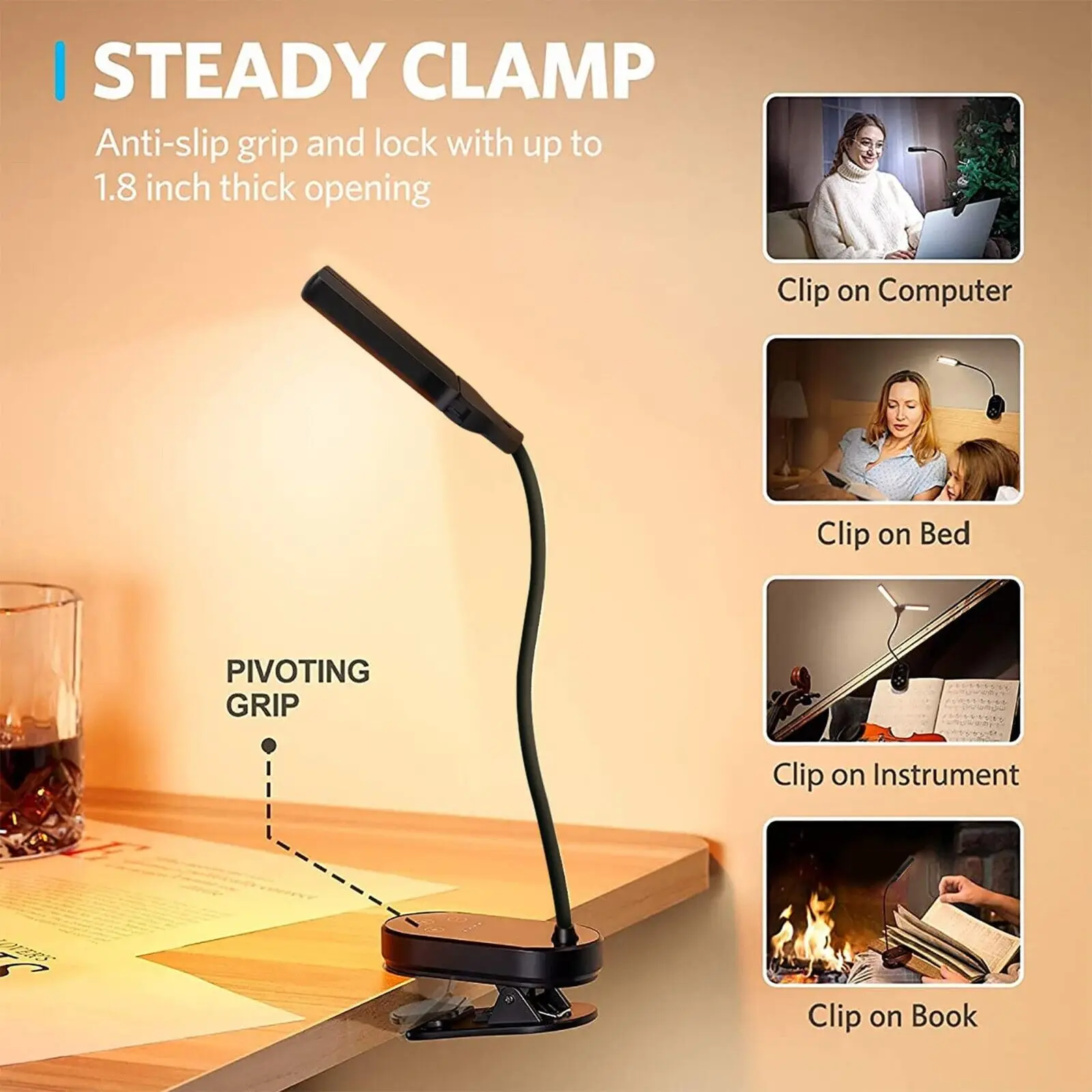 Double Headed LED Touch Reading Light 3Colors Book Lamp USB Rechargeable Clip On Reading Light Indoor Bedroom Lighting
