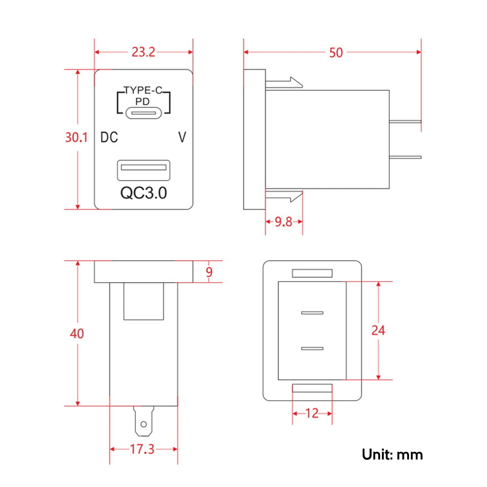 Exclusive New QC3.0 USB Car Socket PD Type-C With LED Digital Voltmeter For New Toyota Quick Charge view 3