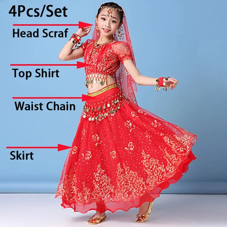 4 pçs/set novas crianças conjunto de traje de dança do ventre oriental indiano trajes de dança do ventre vestido roupas indianas para meninas