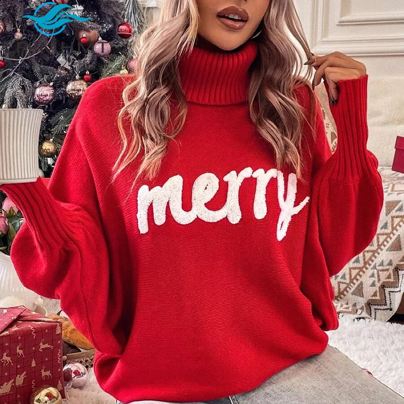 

Европейский и американский рождественский женский свободный вязаный пуловер с высоким воротником и рукавами «летучая мышь», осенне-зимняя верхняя одежда, свитер