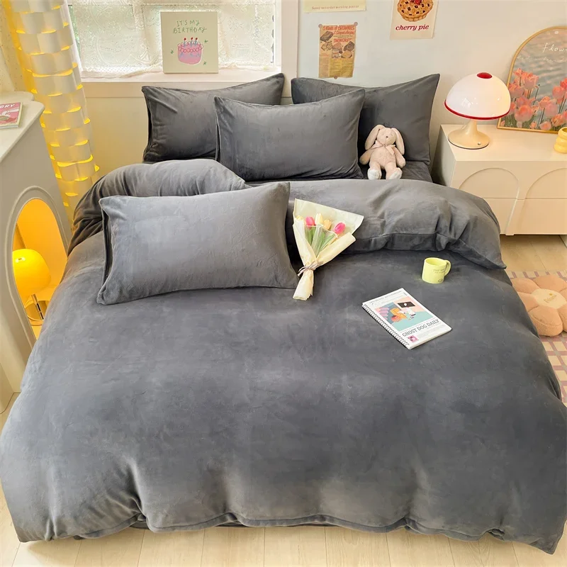 

New Simple Milk Velvet Warm Bedding Set Winter Soft Comfortable Queen Duvet Cover Set Warmth Coral Fleece Quilt Cover Sets Cozy