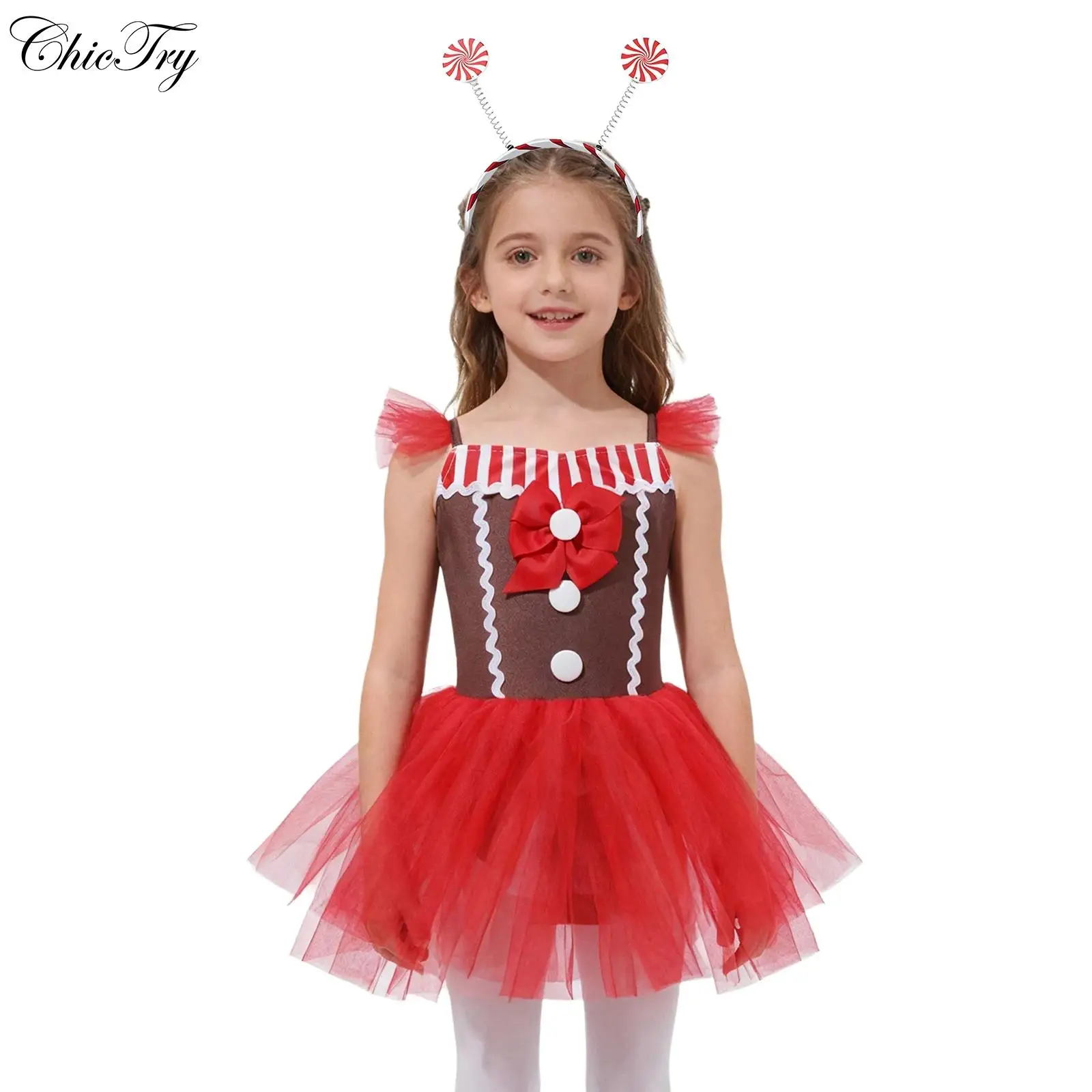 

Kids Girls Christmas Gingerbread Costume Holiday Xmas Dress Sleeveless Bowknot Striped Tutu Dress with Candy Cane Hair Hoop Sets