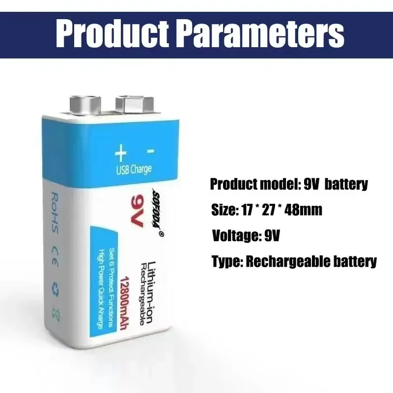 9V Rechargeable Battery 12800mAh 6F22 Micro USB 9v Li-ion Lithium Batteries for Multimeter Microphone Toy Remote Control KTV