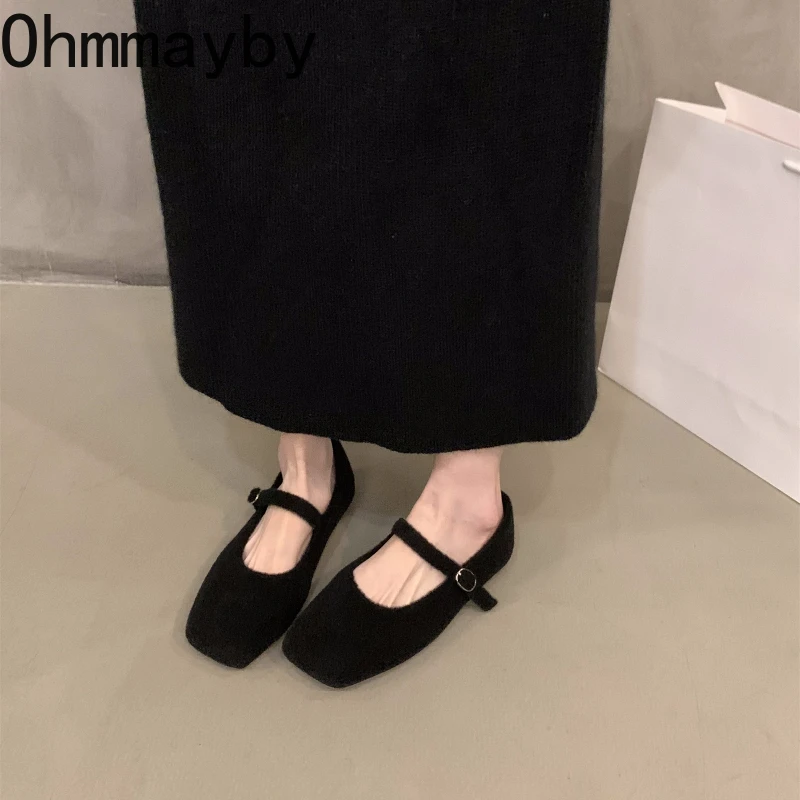 Autumn Woolen Fur Women Cotton Flats Shoes Concise Outdoor Soft Sole Shoes Ladies Comfort Square Toe Warm Mary Jane Shoes