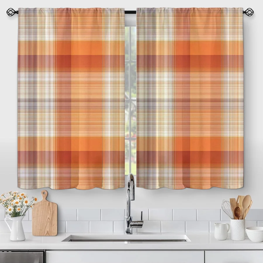 2PCS Digital Print Curtains, Orange Red White Plaid Tartan Buffalo Check, Fall Farmhouse for Living Room Kitchen Decor