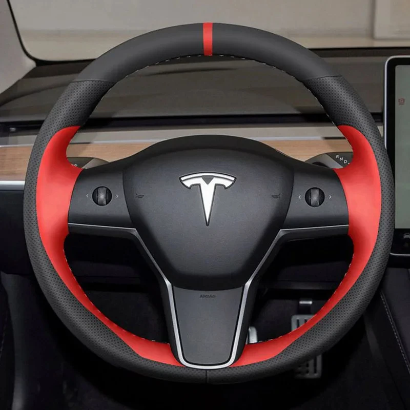 

Hand Stitche Car Steering Wheel Cover Non-slip For Tesla Model 3 2015-2021 Model Y 2019-2021 Leather Wrap Interior Accessories