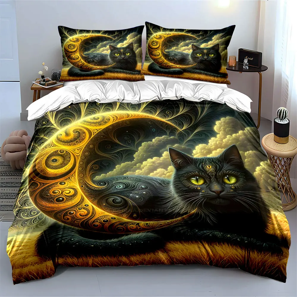 Mystic Cat Moon Decor Set Soft Skin-Friendly Bedding Set Includes 1 Duvet Cover And 2 Pillowcase, Gift