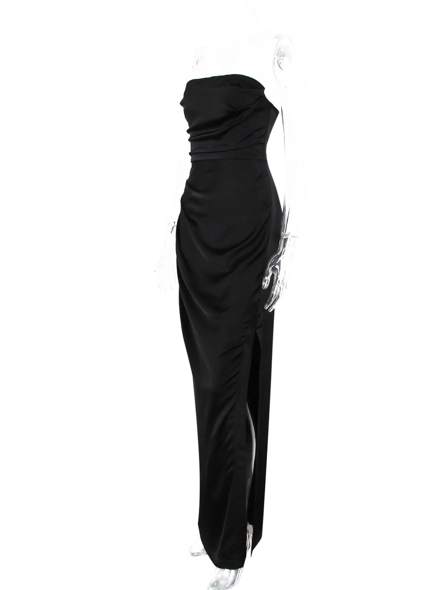 Moda Lato 2025 Nowa Seksowna Sukienka Maxi Damska Bez Ramiączek Satynowa Elegancka Bez Rękawów Marszczona Rozcięcie Obcisła Sukienka Wieczorowa na Pokaz