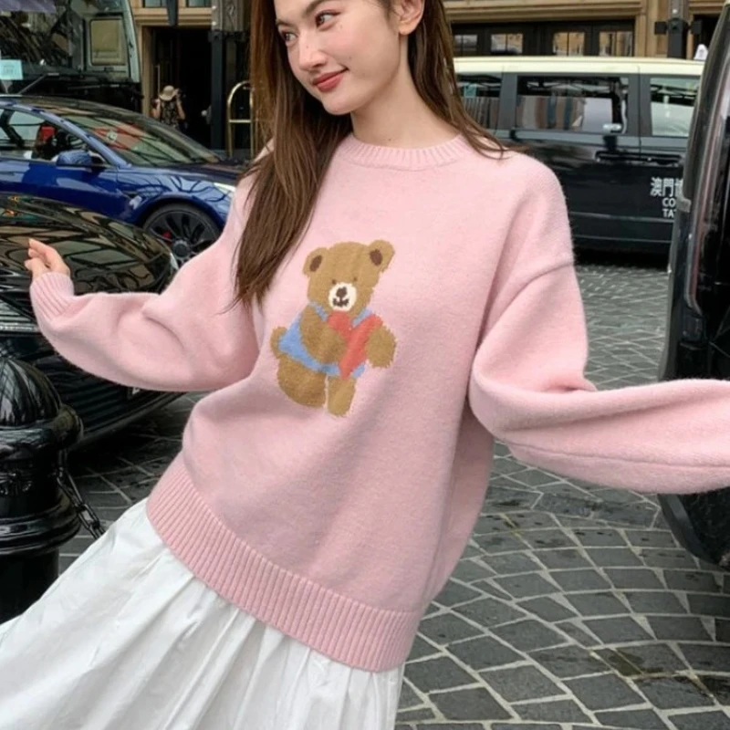 Harajuku Bogen Knoten Bär Nette Cartoon Stickerei Pullover Süße Lolita Mädchen Winter Gestrickte Jumper Y2K Tops Koreanische Pullover Lose