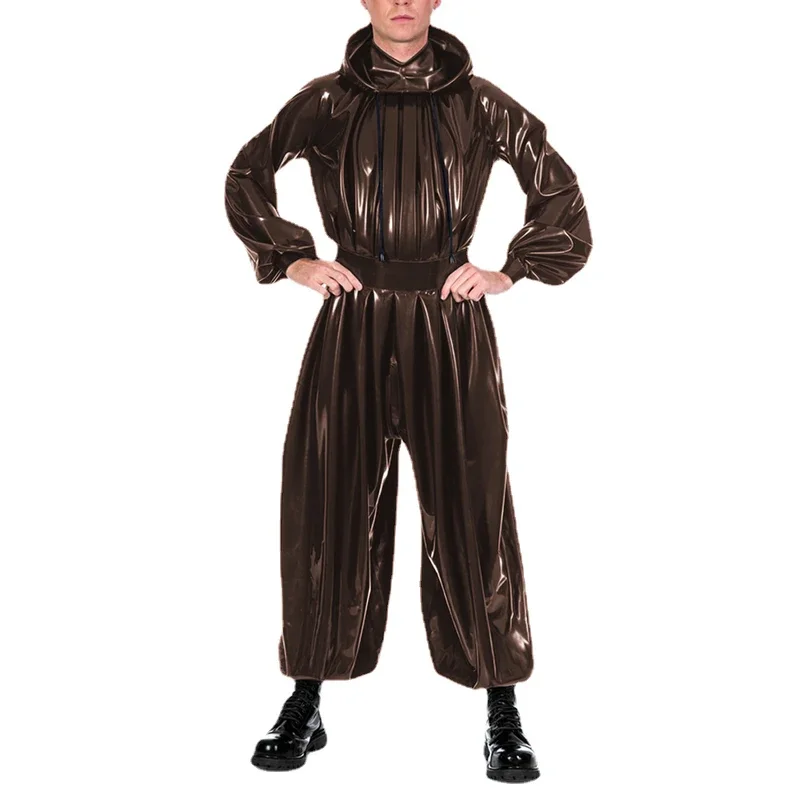 Men Sexy Party Hooded Jumpsuit Wet Look PVC Leather Loose Romper Male Solid Color Ankle-length Bodysuit Sissy Nightclub Costume