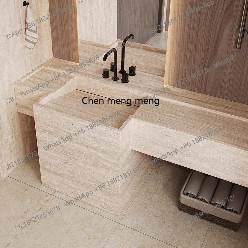 X  Hotel villa travertine rock slab seamless integrated column basin bathroom cabinet combination toilet washstand