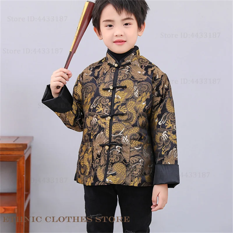 Traditional Chinese Dragon Tang Suit Top Kids Child Chinese Festival New Year's Clothing Brocade Hanfu Shirt Oriental Costume