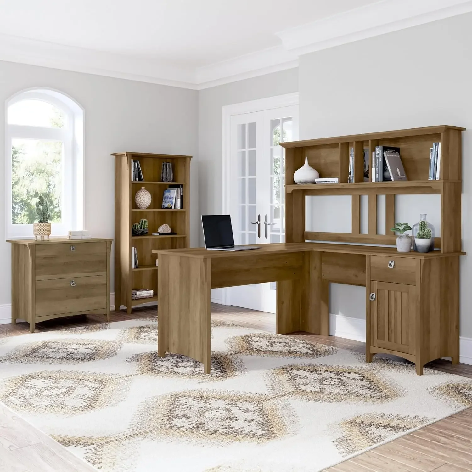 

Furniture 60W L Shaped Desk with Hutch, Lateral File Cabinet and 5 Shelf Bookcase in Reclaimed Pine