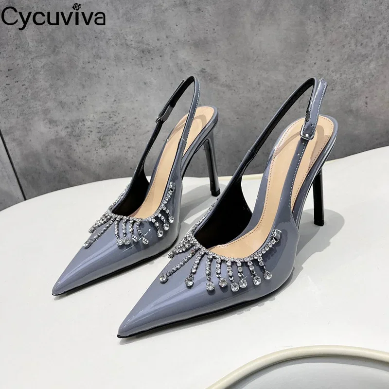 Summer Crystal Patent Leather High Heels Sandals Women Shinny Slingback Pointy Toe Party Shoes Banquet Luxury Formal Heels Women