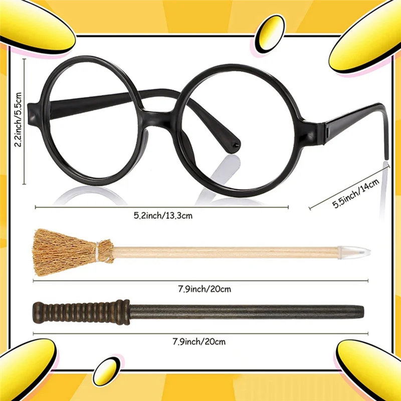 

-FDDT 45 Pack Witch Broom Pencils And Wands Round Frame Pencils And Glasses Festive Props Plastic Witch Wand Theme Party Supplie