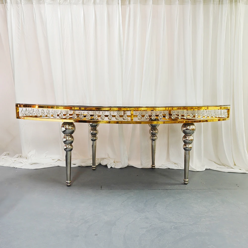 تصميم جديد لحدث الحفلات بإطار من الفولاذ المقاوم للصدأ على شكل نصف قمر طاولة زفاف وكرسي #2