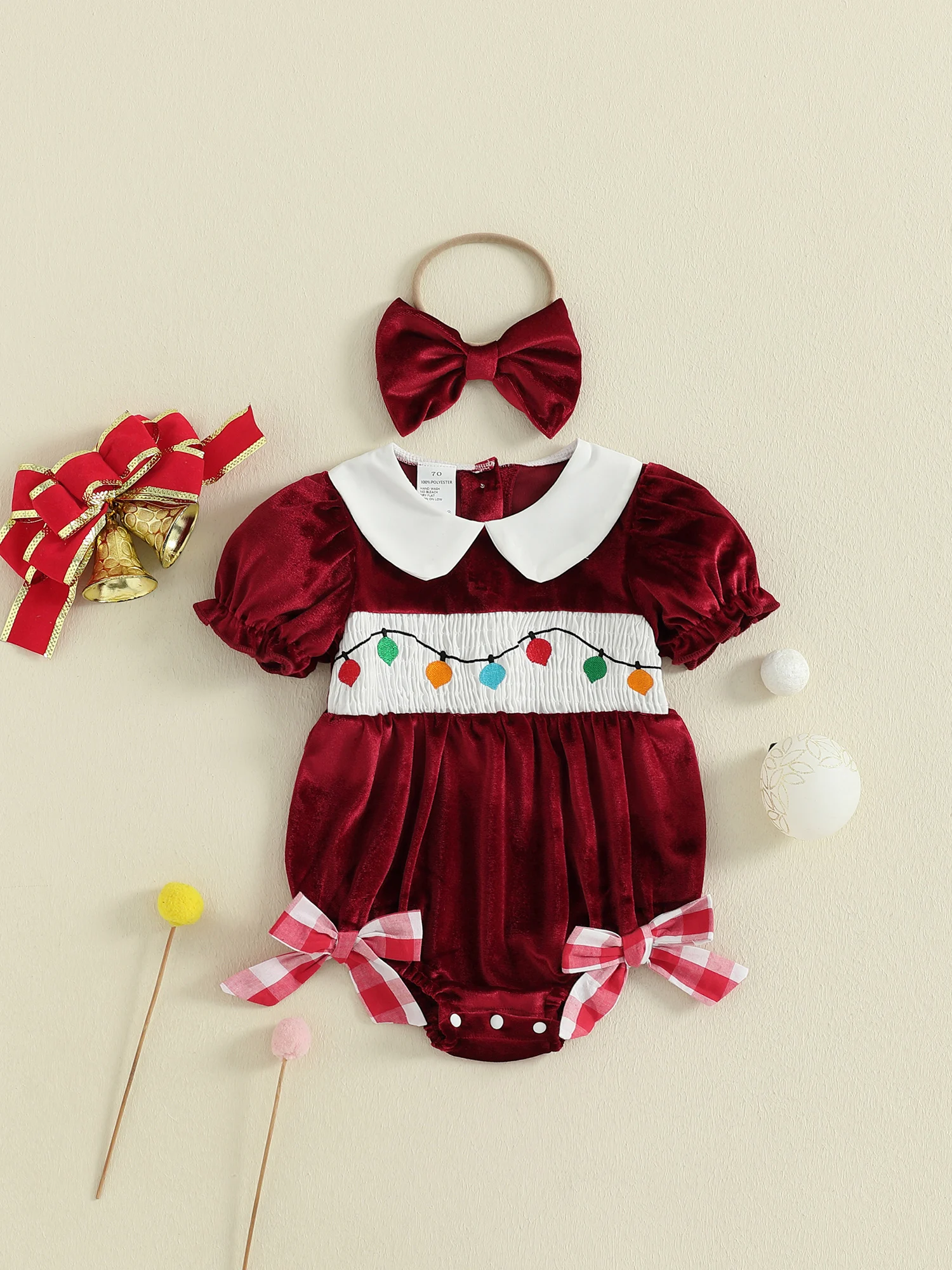 

Toddler Christmas Dress Snowflake Embroidery Ruffle Sleeve Velvet Romper Bow Headband 2 Piece Set Holiday Outfit