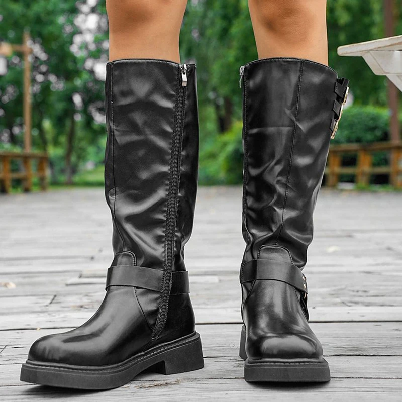 Obrázek 5: Retro hnědá západní kovboj boty pro ženy 2025 podzim zima PU kůže koleno vysoký botas mujer zip spona platforma jezdec boty