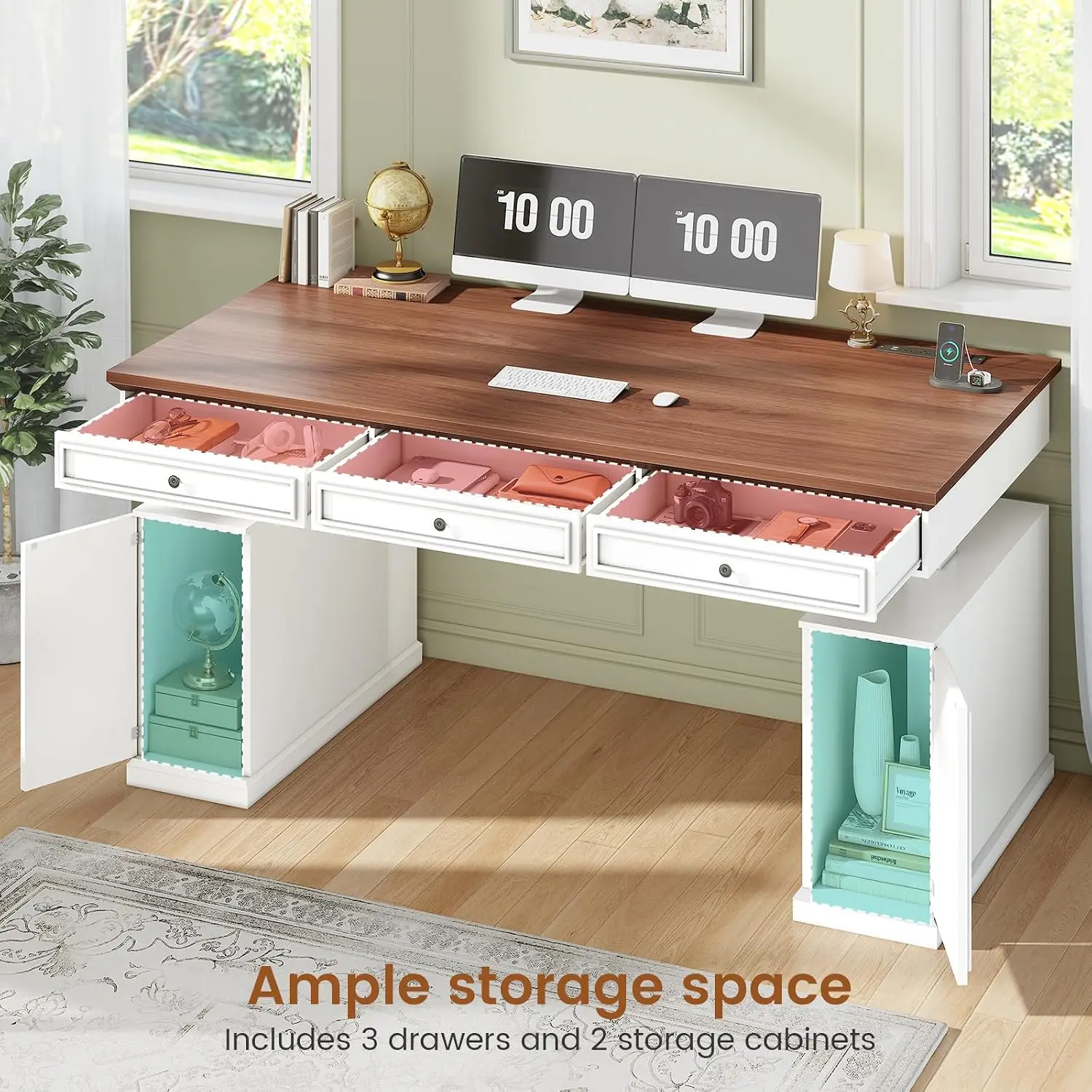 55.1" Farmhouse Executive Electric Standing Desk with 3 Drawers