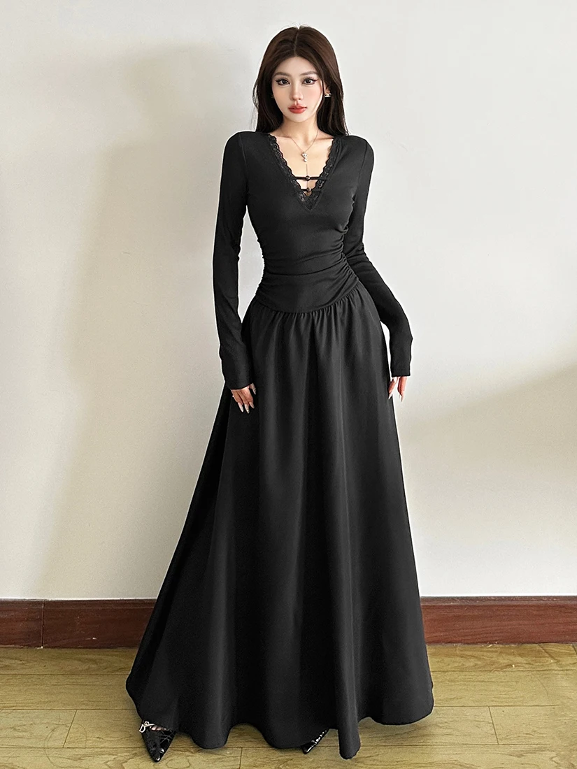 WEIRD PUSS artístico sle longo sve renda guarnição v-ne dr vestido feminino de emagrecimento com cintura mistura de poliéster e elastano