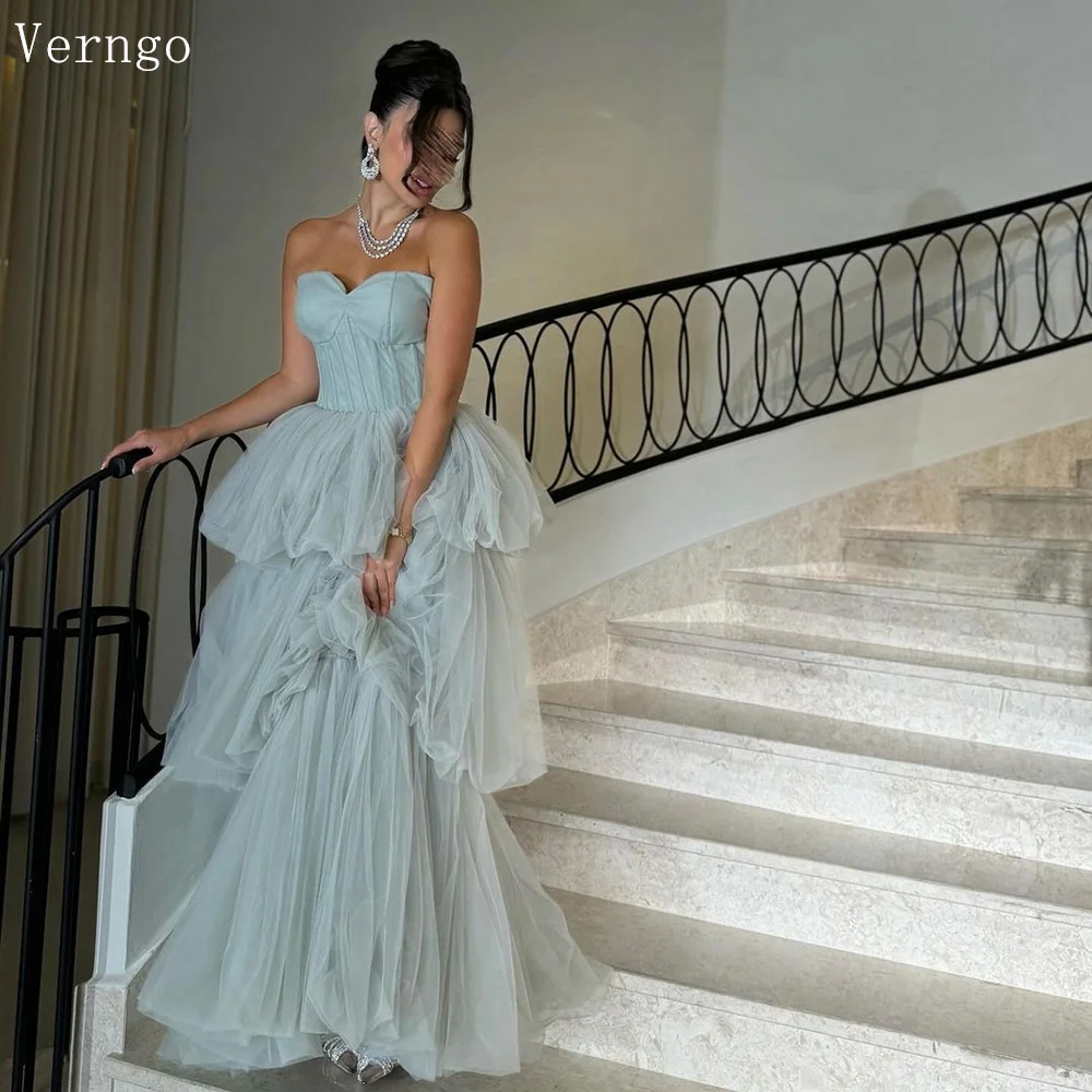 

Verngo Light Blue Tulle Evening Dress Sweetheart Tiered Arabic Maxi Prom Party Dress Formal Elegant Prom Gown Customized