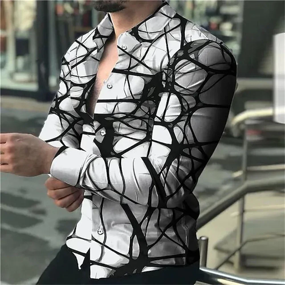 Camisa social de lujo para hombre, cárdigan de manga larga con estampado de patrón irregular, botón de solapa, top de calle, club ball