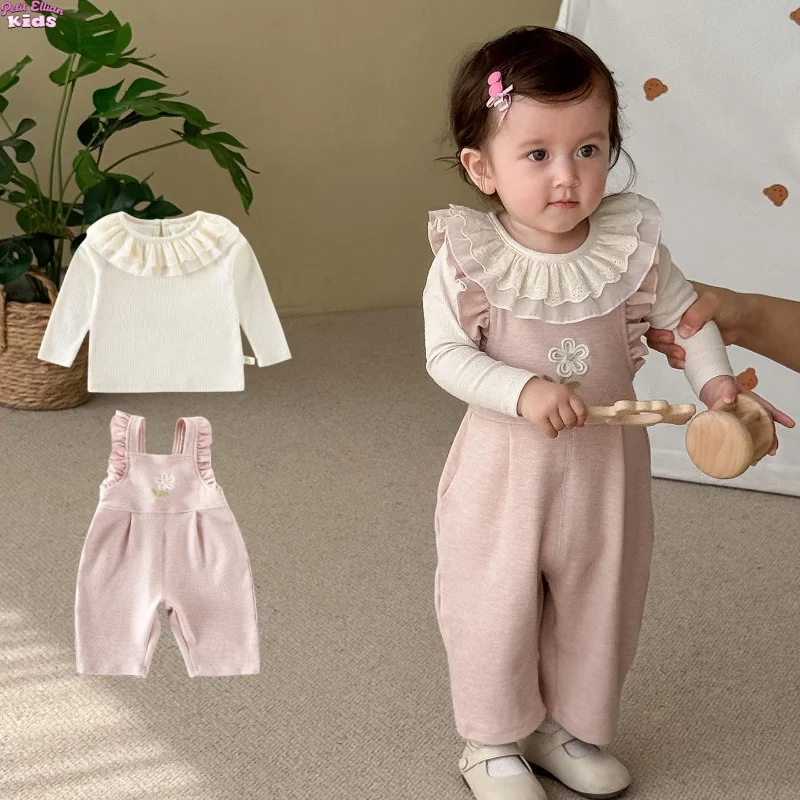 

Kids Girls Cotton Lace Collar Long Sleeve Top 0-5Y Baby Girls Solid Color Ribbed Knit Base Layer Stylish Wear Clothes for Girls