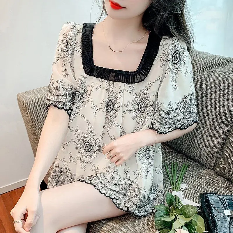 Summer Fashion Square Collar Patchwork Shirt Vintage Printed Women\'s Clothing Folds Korean Loose Short Sleeve Chiffon Blouse New