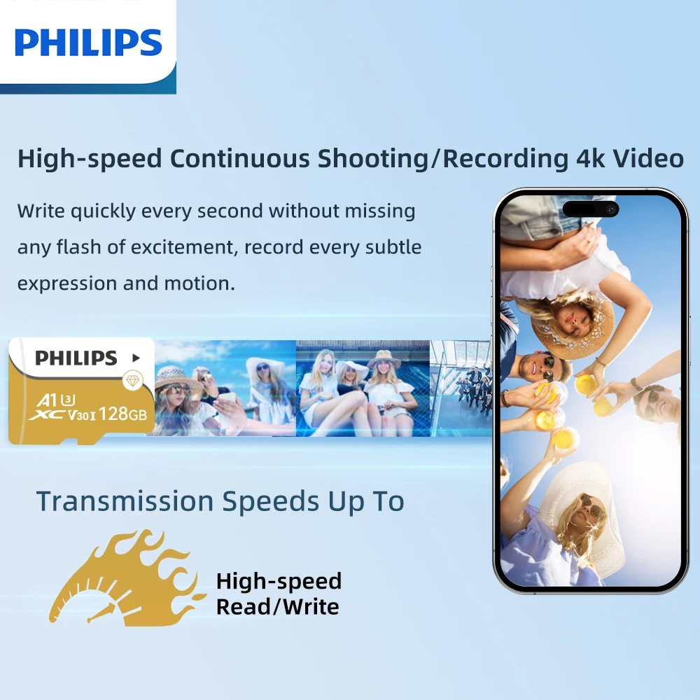 بطاقة ذاكرة فيليبس 4K V30 A1 U3 8GB 16GB 32GB 32GB 64GB 128GB 256GB Class10 مايكرو TF SD بطاقة فلاش بطاقة لمفتاح كاميرا الطائرة بدون طيار