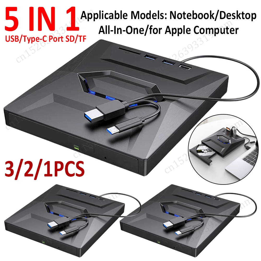 5 IN 1 USB 3.0 Type-C External CD DVD RW VCD Optical Drive with SD/TF Ports DVD Burner Recorder for Macbook Laptop Desktop PC