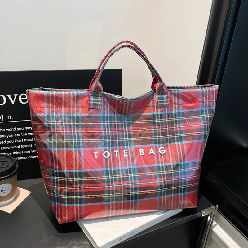 Torba z PVC, wodoodporna torba na ramię z papieru kraft o dużej pojemności, damska torba na zakupy z górnym uchwytem, kontrastowe paski w kratę