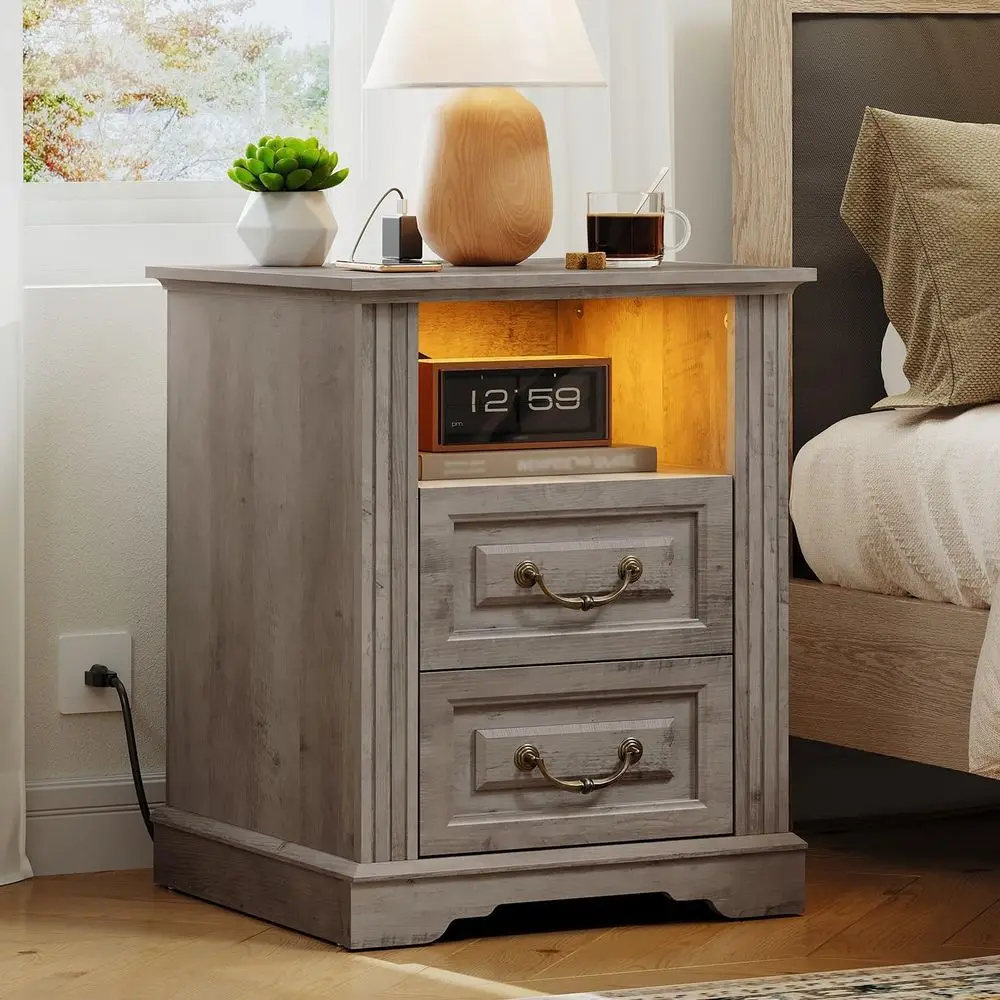 

Contemporary Charging Station Nightstand with Dual Drawers, LED-lit Bedside Table, Living/Bedroom End Table in Greige