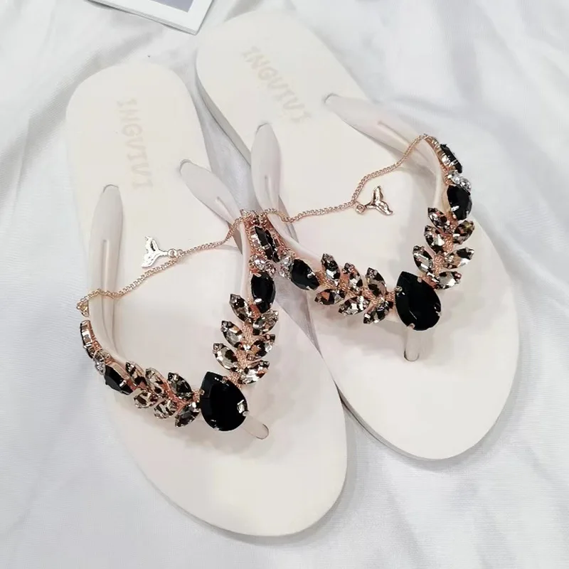 Summer Women Flip Flops Beach Vacation Luxury Slippers Rhinestone Sides Sandals Flat With Soft Casual Shoes For Female