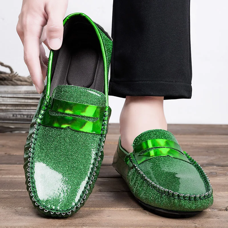 

Green Loafers Men Casual Shoes Luxury Bright Leather Mens Loafers Dress Shoes Men Big Size Driving Slip on Loafers for Men