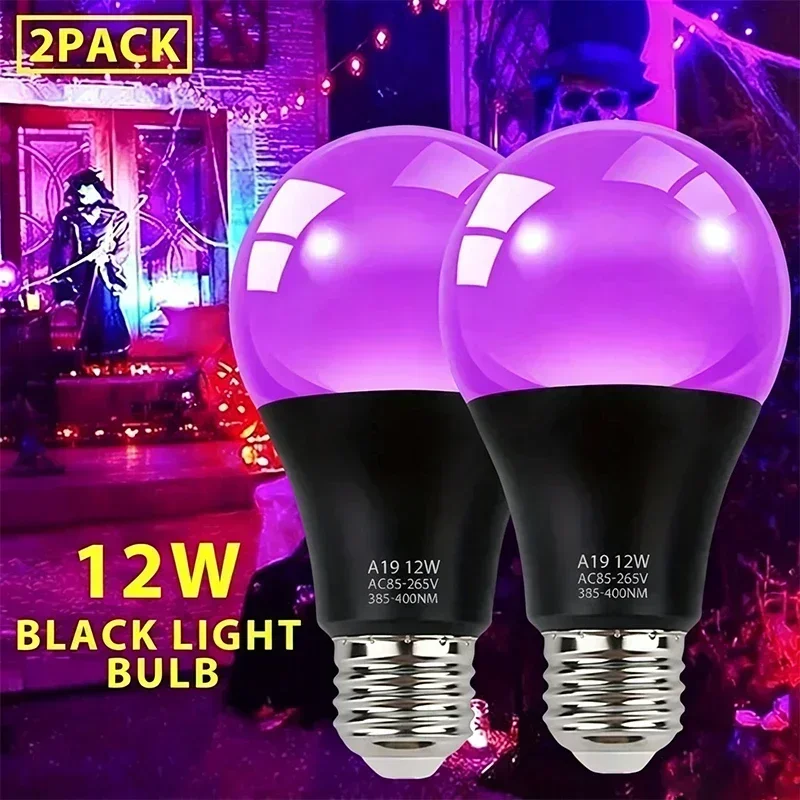 2 Pack 12W UV Black Light Bulb 385-400nm UVA LED Blacklight E27 Base for Halloween Party Body Paint Fluorescent Poster
