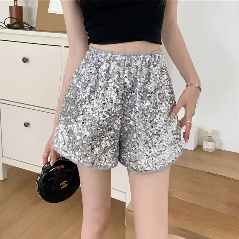 European and American Hotties Sequined Shorts High-waisted Wide-leg Pants Elastic Waist Casual Slimming Hot Pants with Boots