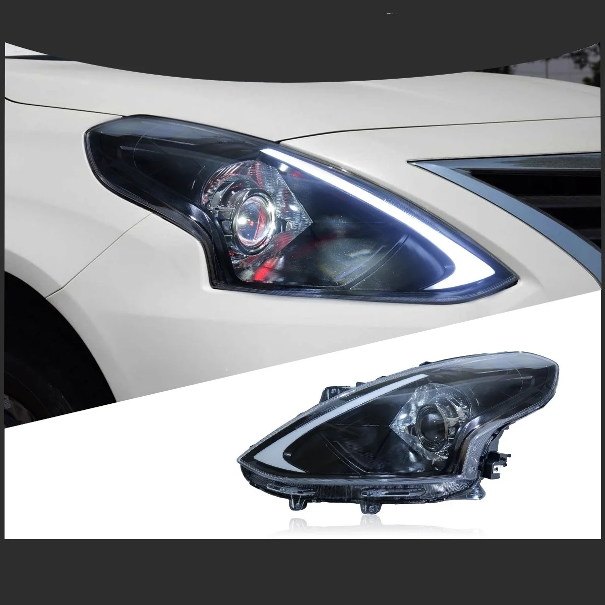 

LED Headlight Assembly Devil Eye for Nissan Sunny 14-16 Modified Dynamic Turn Signal Lens Daytime Running Light