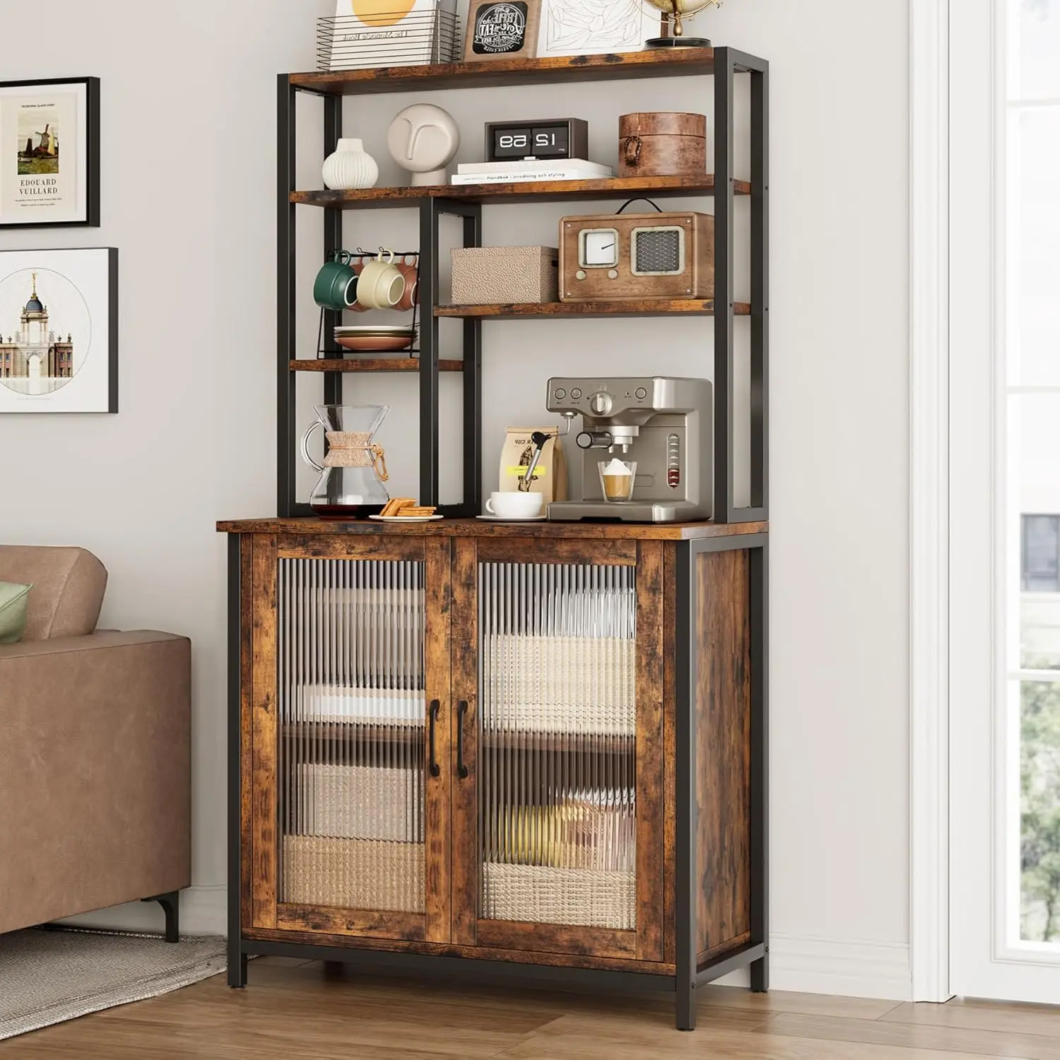 

Bakers Rack with Cabinet, 5 Tier Microwave Stand 63.78", Baker Rack with Fluted Door Large Kitchen Oven Stand Tall Bar C