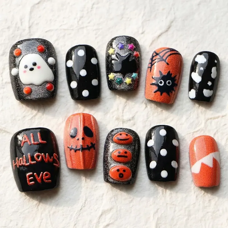 10 pièces d'ongles à coller pour Halloween, motif fantôme et citrouille, style doux et cool, finement scintillant, effet œil de chat transparent, autocollants pour ongles.