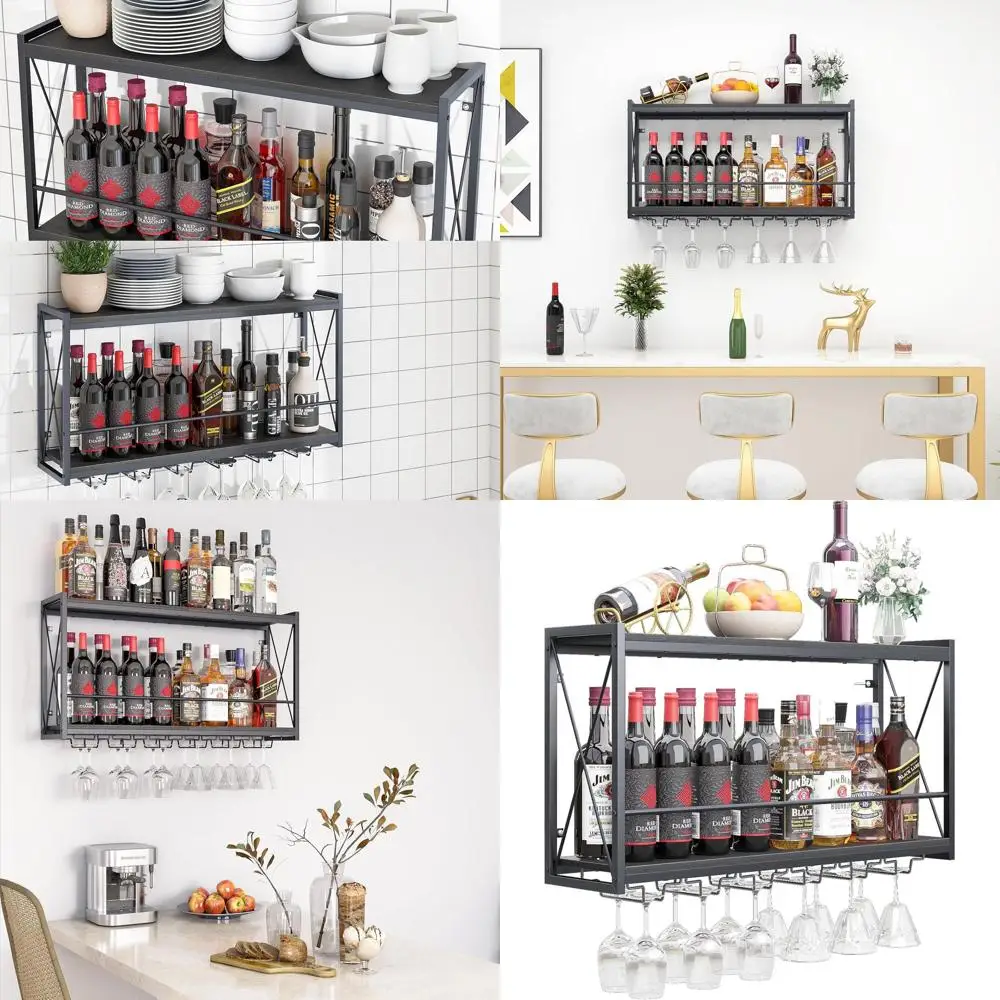 

Двухуровневая настенная винная полка в деревенском стиле с железной рамой для кухни и домашнего бара (черная)