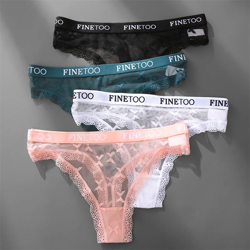 FINETOO 3PCS Women Lace Thong Letter Bikini Underwear Sexy Hollow Out T-Back Panties Female Low-Rise Floral Perspective Lingerie