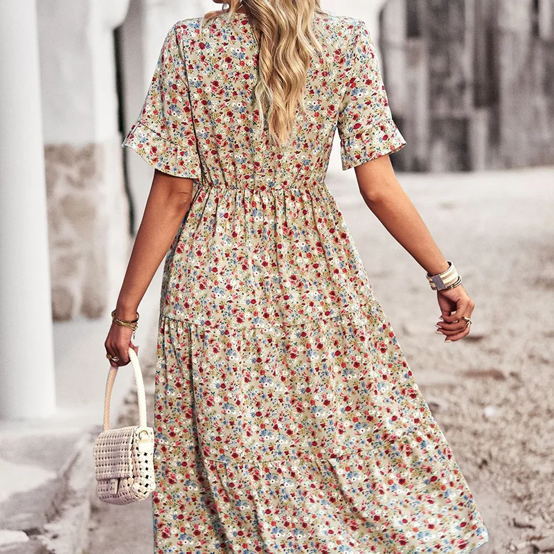 Boho Summer Women's V Neck Long Dress Elegant Floral Printed Short Sleeve High Waist A Line Casual Holiday Maxi Dresses Vestidos