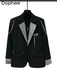 Trendy Casual Hot Diamond Black Suit Jackets Men's Korean Version 2024 Early Autumn New Loose Handsome Suit Jacket High-end Coat